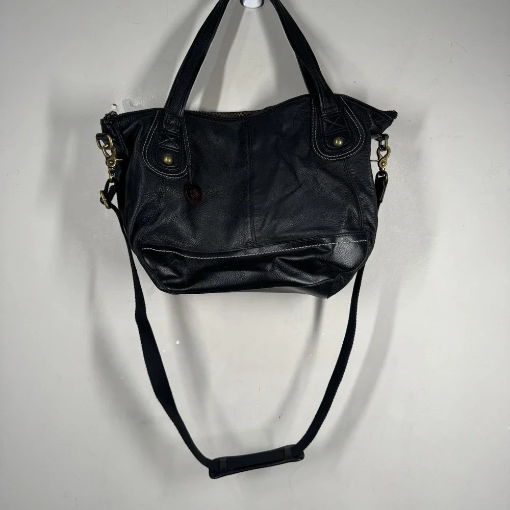 The Sak Iris Black Pebble Leather Shopper Tote Bag Dbl Handle Removeable Strap